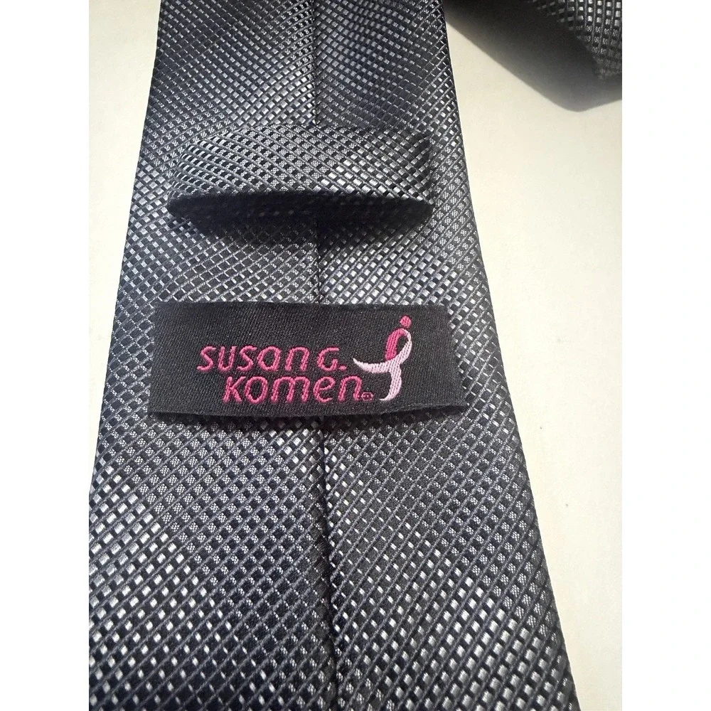 Susan G. Komen Breast Cancer Awareness Tie Charcoal Grey Pink Ribbon Logo Mens